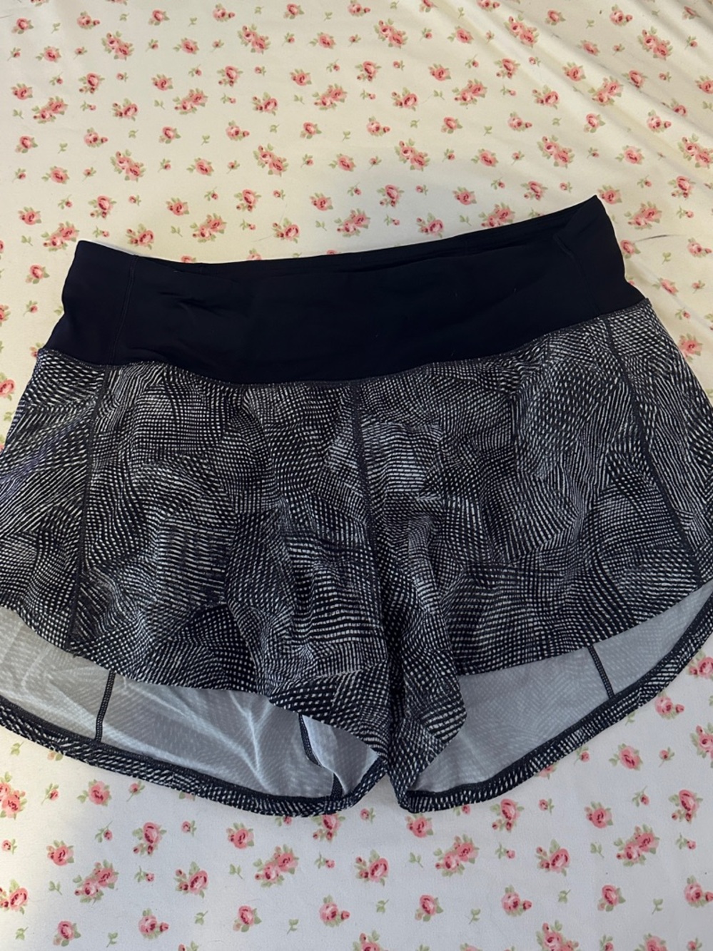 Lululemon Women’s Black Patterned Athletic Shorts with High Waistband